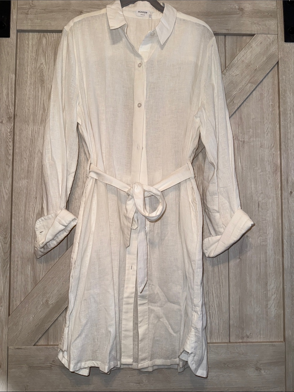 Minnow White Cotton Long Sleeve Button Down Shirt Dress